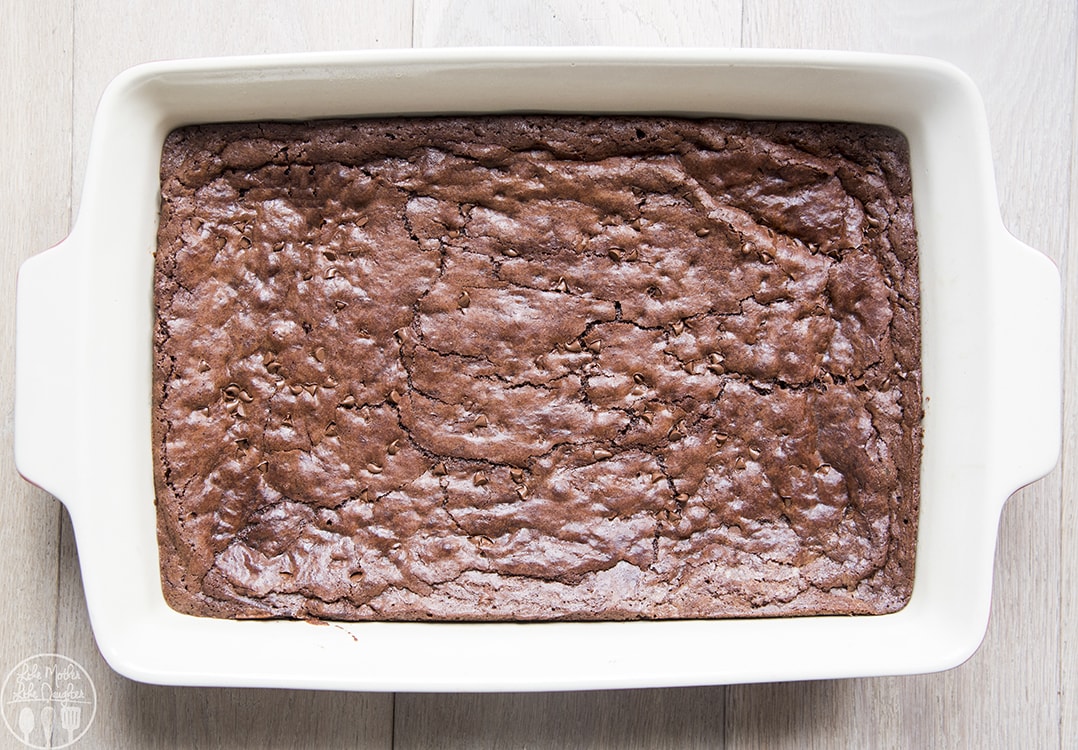 An overhead photo of a pan full of chocolate brownies.