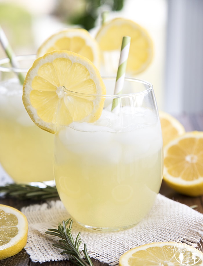 A glass or lemonade topped with a lemon slice.