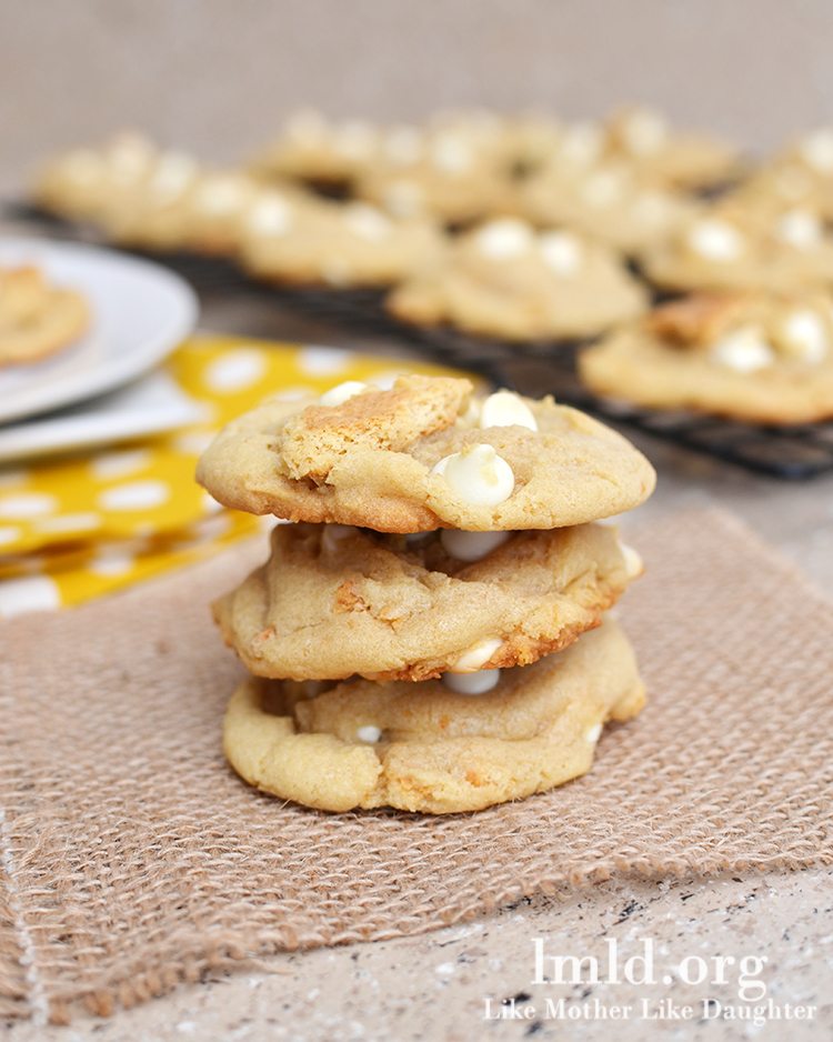 Front view of cookies with white chocolate chips.