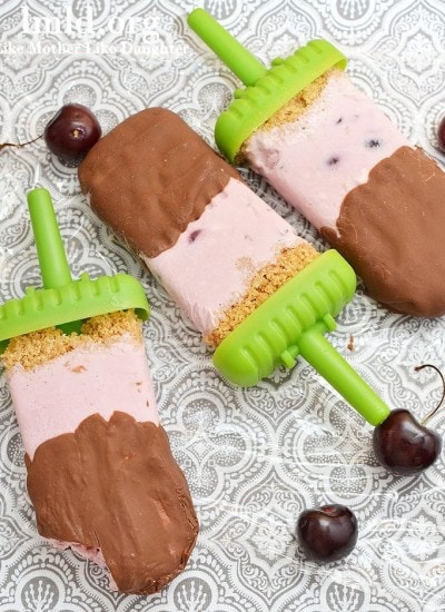 Top view of chocolate covered cherry cheesecake popsicles.