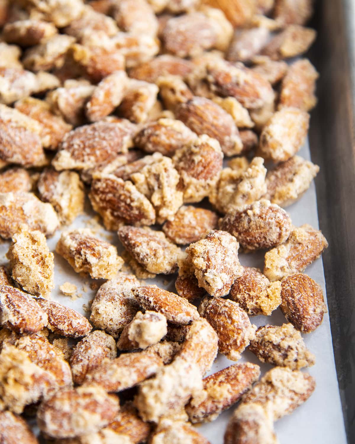 Candied almonds on a baking sheet.