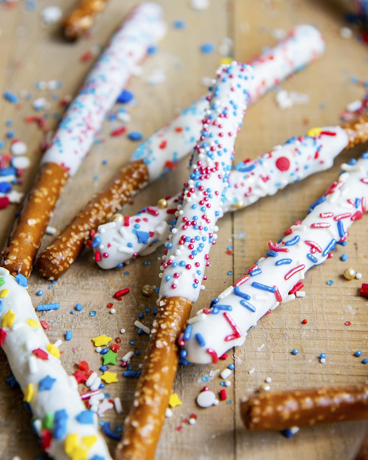 Fourth of July Pretzels arranged randomly on one another.
