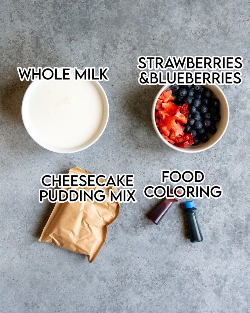 A bowl of milk, a package of pudding mix, and a bowl of strawberries and blueberries. 