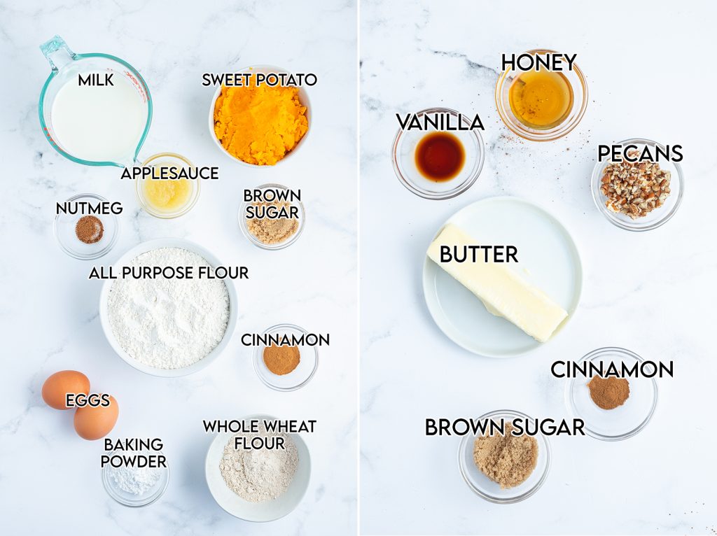 A collage of 2 photos showing the ingredients needed to make sweet potato pancakes and pecan butter.