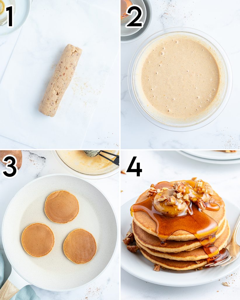A collage of 4 photos showing how to make Sweet Potato Pancakes.