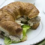Side view of chicken salad sandwich on a white plate.