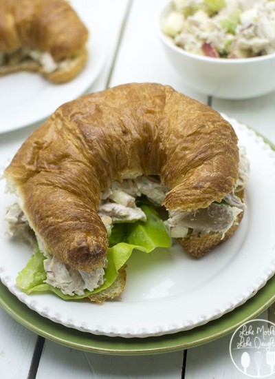 Front view of chicken salad sandwich on a white plate.