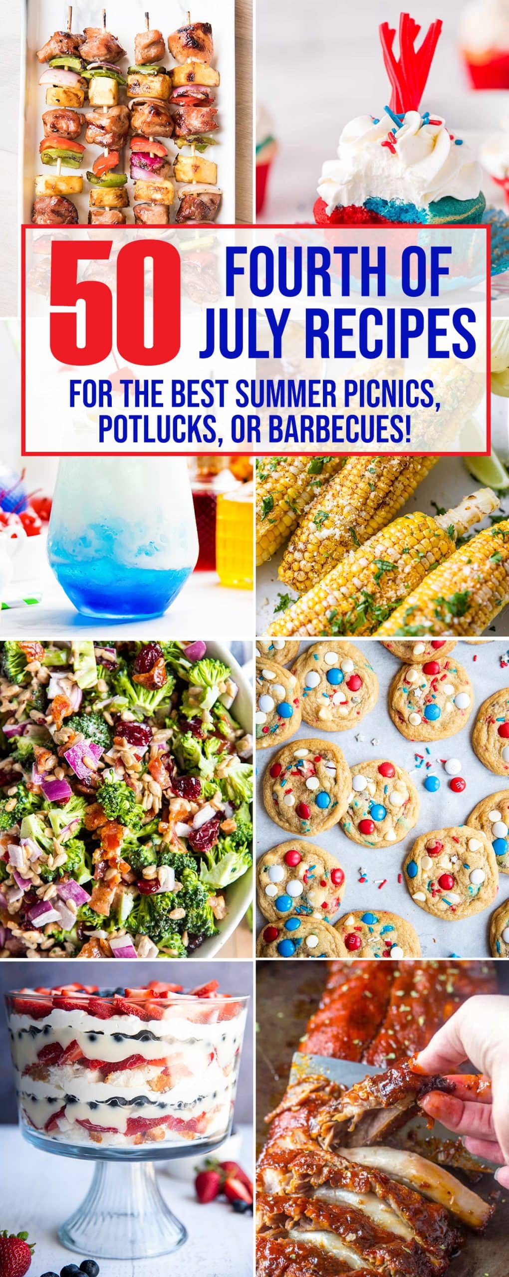 A collage of 8 summer foods, with a text block saying Fourth of July Recipes.