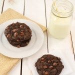 Angled view of double chocolate cookies for two on a white plate with milk.