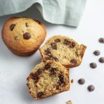 Close up image of multiple banana chocolate chip muffins with chips around them.