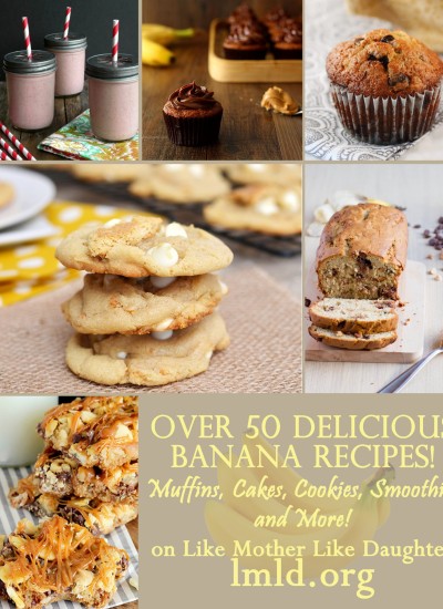 Title card for a variety of recipes for over 50 delicious banana recipes.
