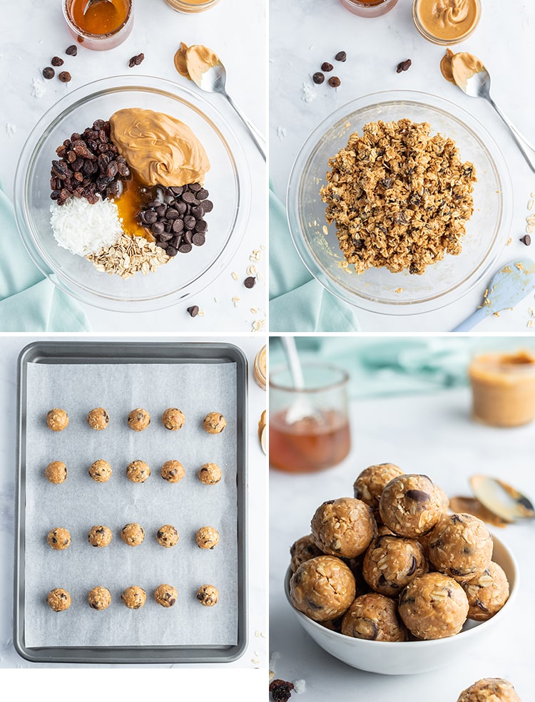 Step by step photos of how to make no bake granola bar bites.