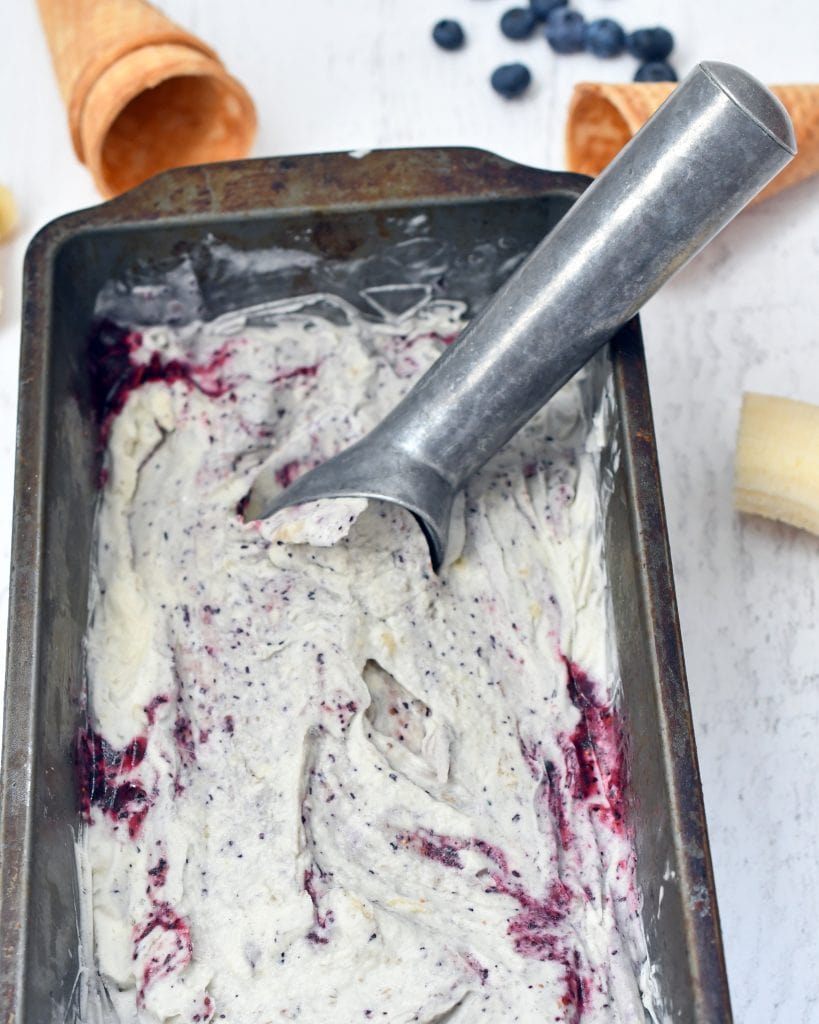 Flavorful ripe bananas, healthy sweet blueberries come together in a creamy custard base for a smooth and sweet banana blueberry swirled ice cream.