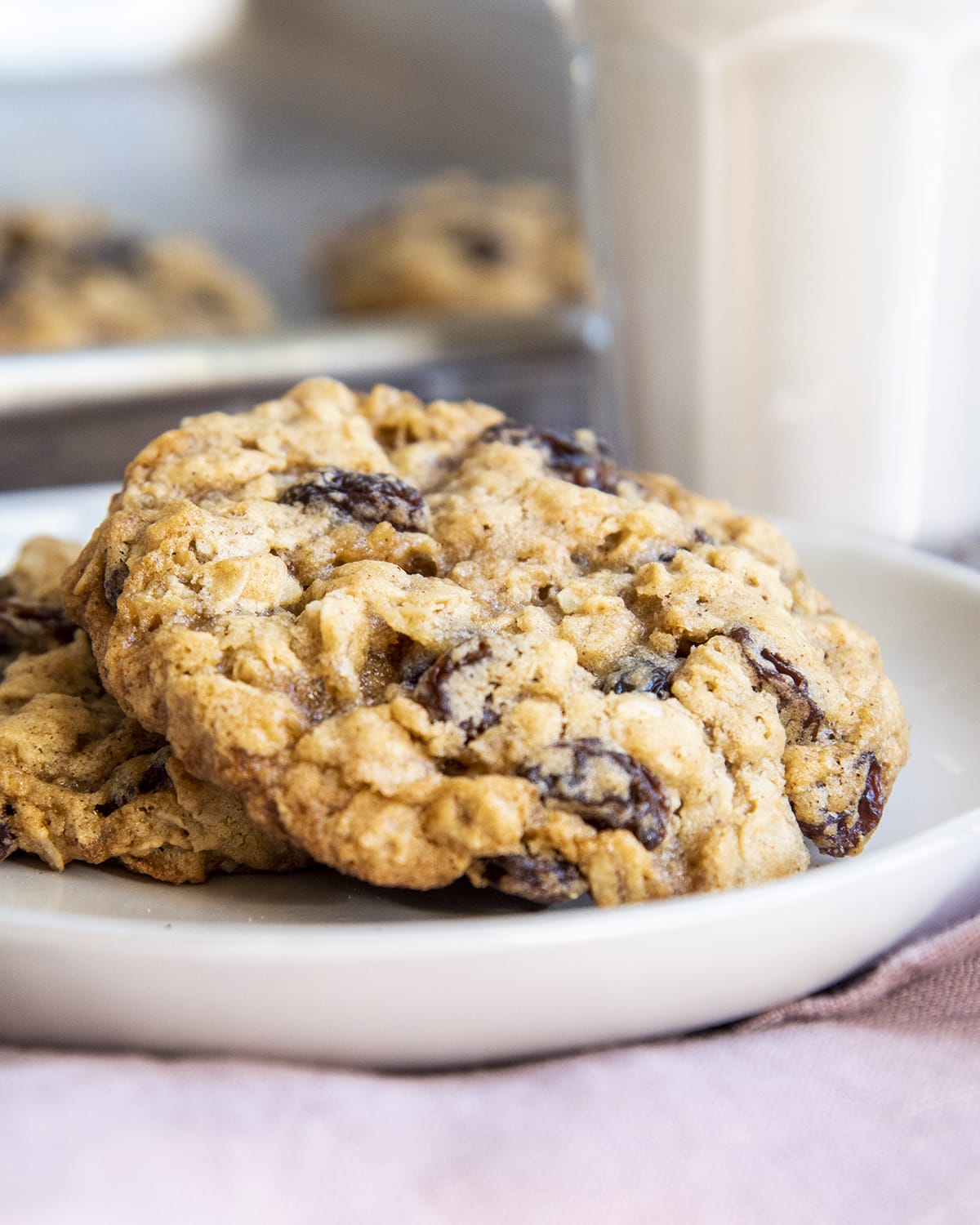 A close up of oatmeal raisin cookies on a plate.