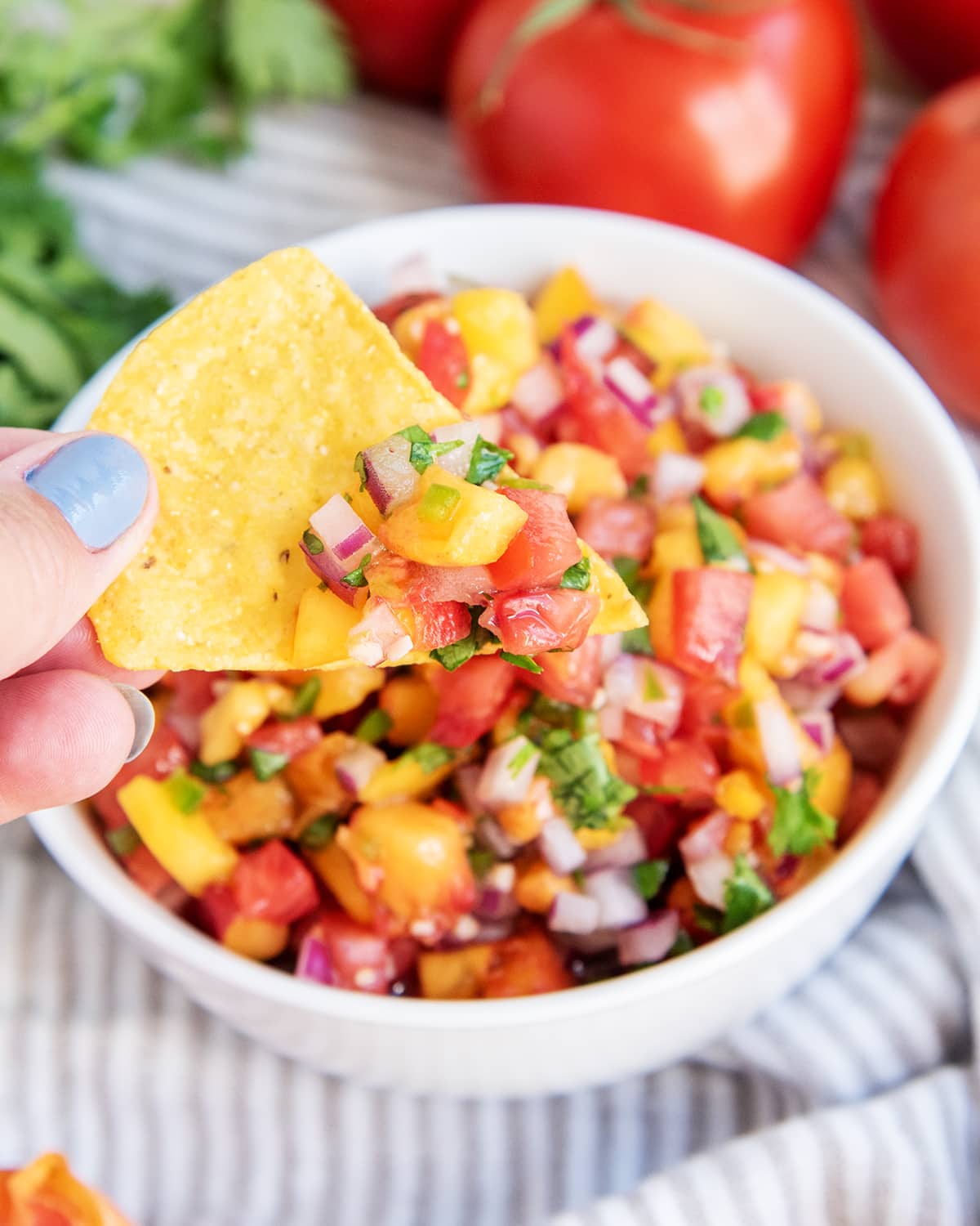 A chip topped with peach salsa above a bowl of salsa.