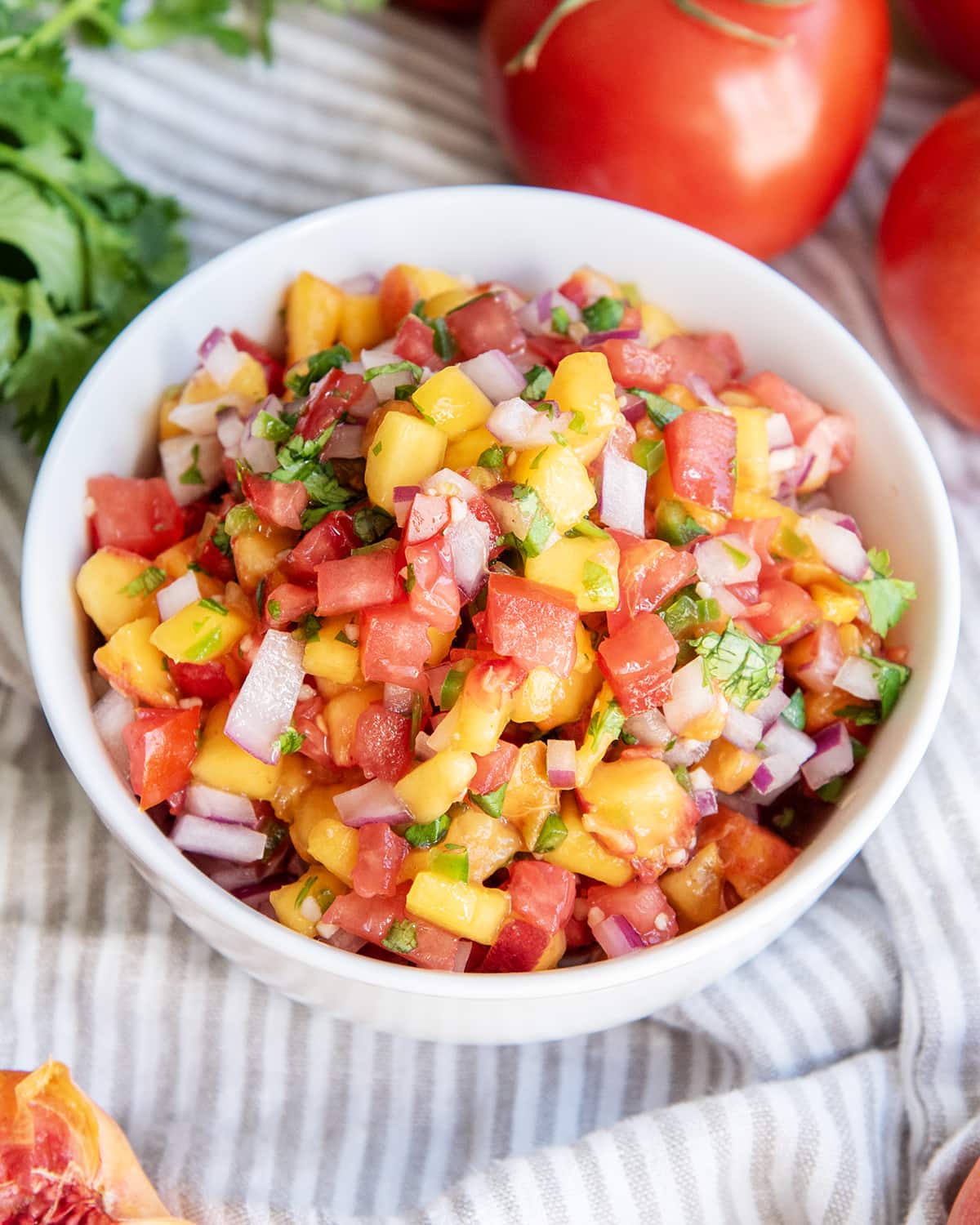 A close up of a bowl of peach salsa with red onion, tomatoes, jalapeno, and cilantro.