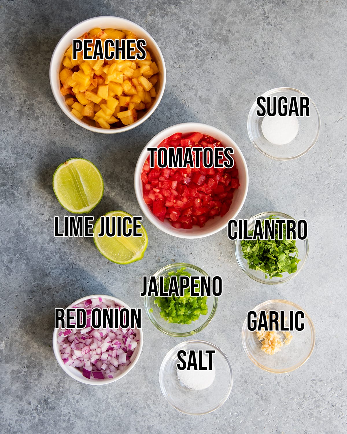 An overhead photo of the ingredients needed to make peach salsa.
