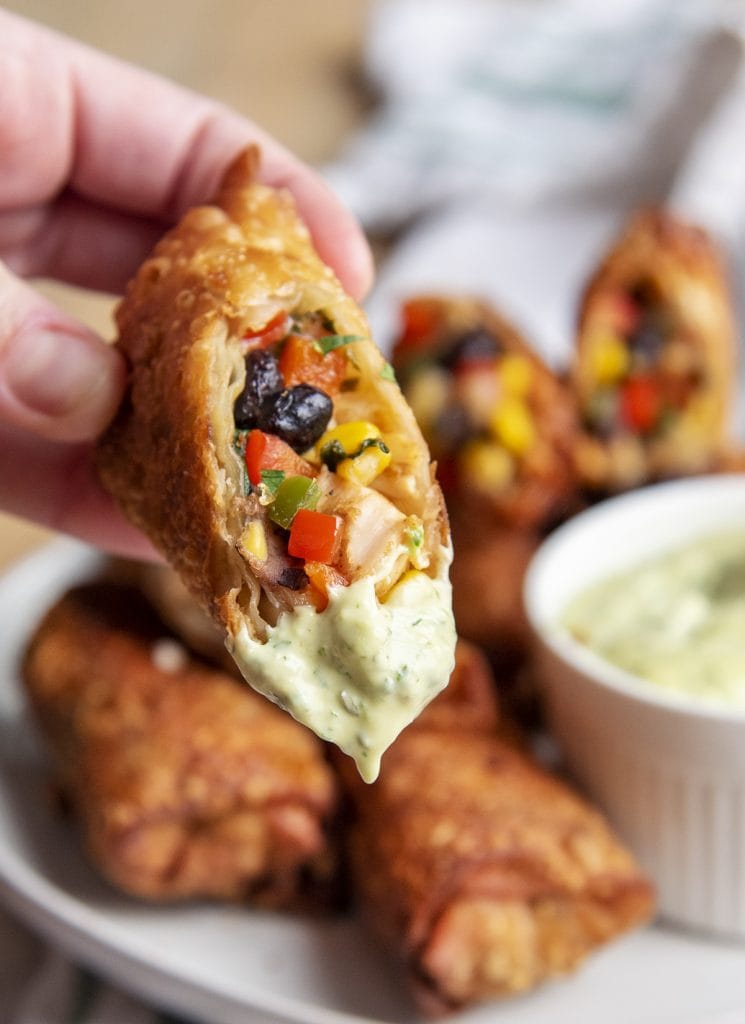 A hand holding a southwest chicken egg roll that has avocado ranch dressing on the end.