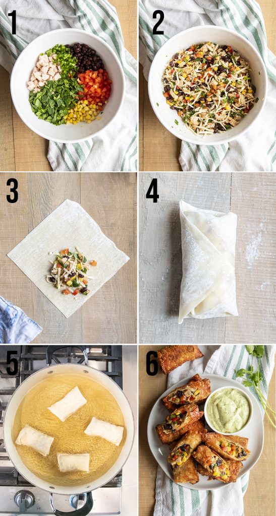 A collage of 6 photos showing the steps on how to make southwest chicken egg rolls.