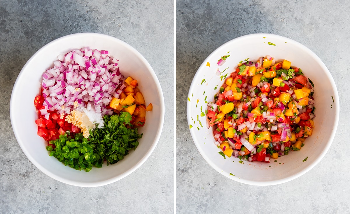 A collage of two photos showing how to make peach salsa.