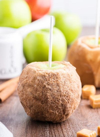 An apple pie caramel apple on a stick.