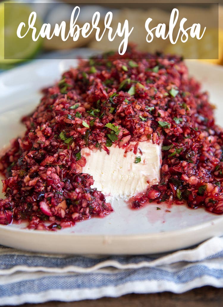 A close up shot of cranberry salsa with cream cheese visible on the front.