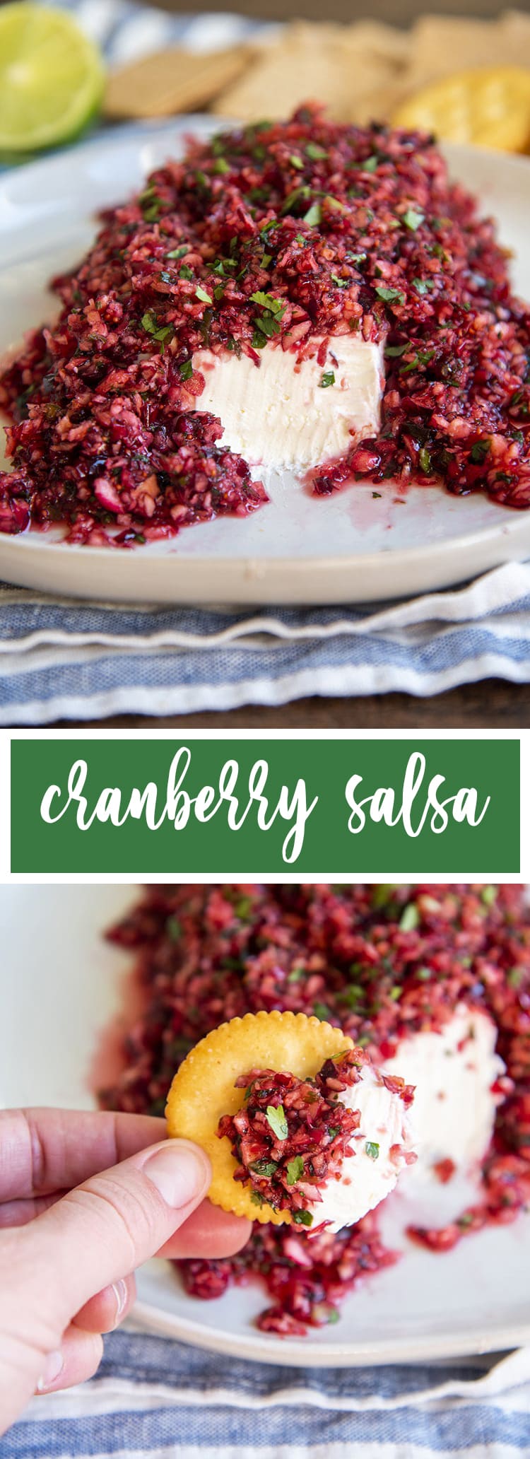 A slab of cream cheese topped with cranberry salsa, full of chopped up cranberries and cilantro. The front of the cream cheese is showing. Underneath the photo there is a text block that says cranberry salsa. Then underneath that there is a photo of a ritz cracker with cream cheese and maroon colored cranberry salsa on the cracker.