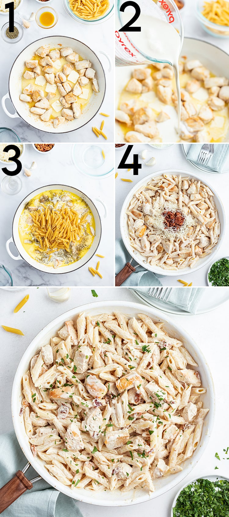 Step by step photos of how to make one pot chicken alfredo pasta, as described in the blog post.