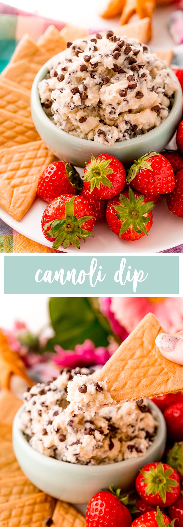 Cannoli dip is displayed with triangle crepe cookies dipping into a bowl and strawberries above.