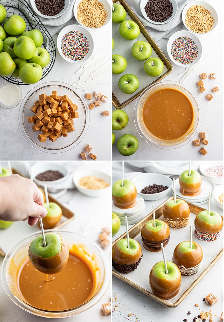 Step by step photos on how to make caramel apples.