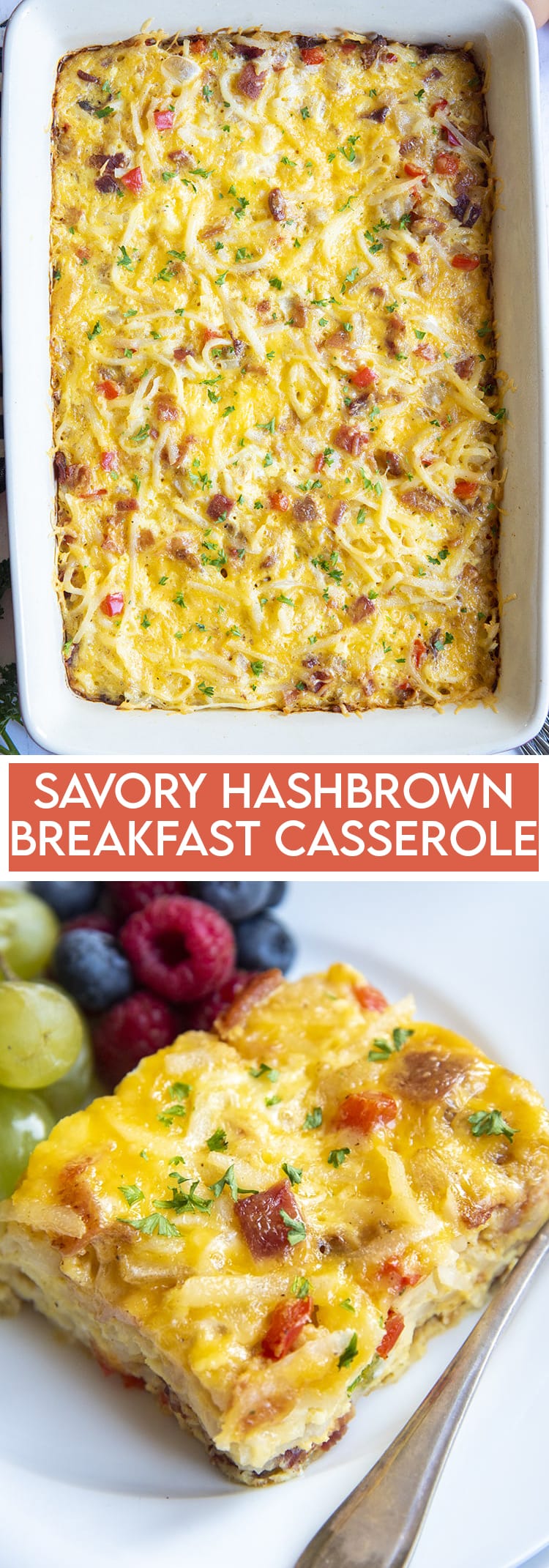 A collage of a pan of breakfast casserole and another photo of a slice of casserole