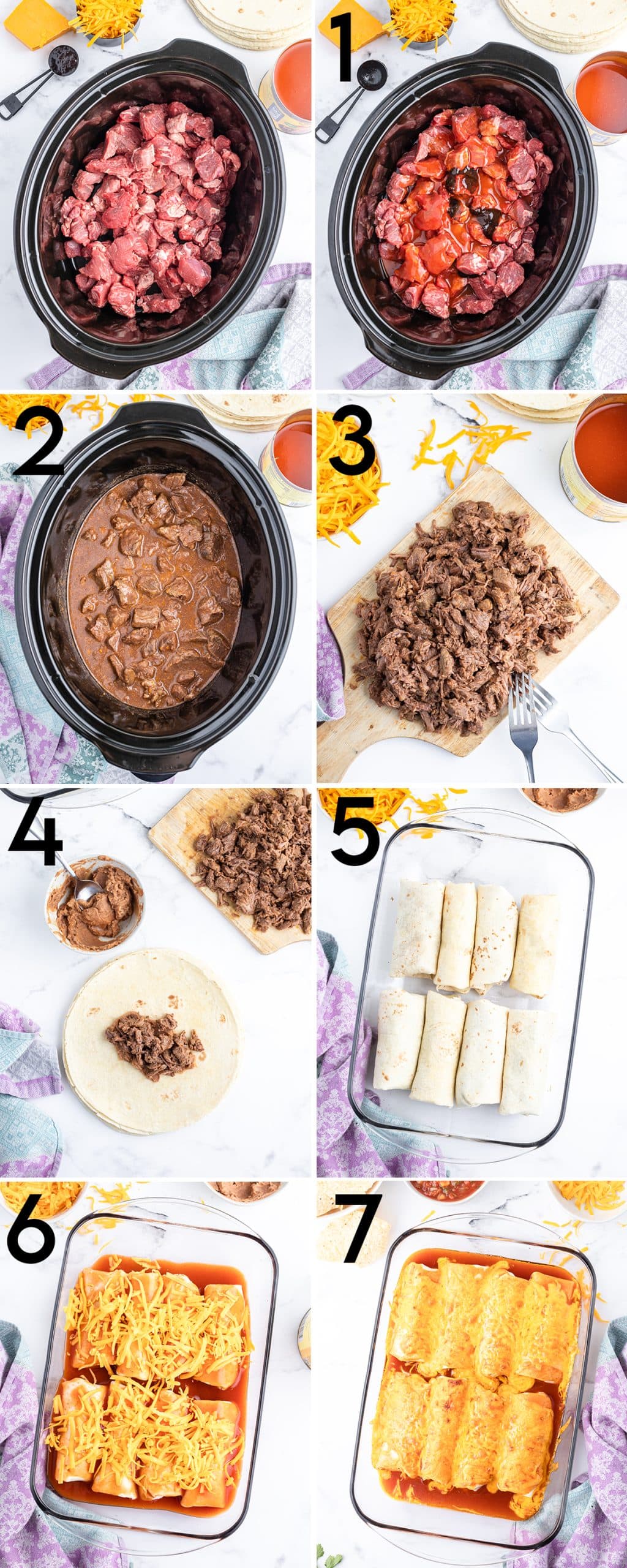 A collage of 8 step by step photos showing how to make chile colorado burritos.