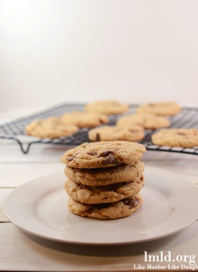 Front view of malted chocolate chip cookies on a white plate.