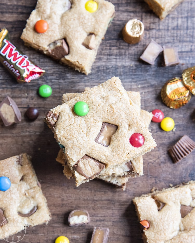 Cookie Bars stuffed full of chopped up candy bar pieces
