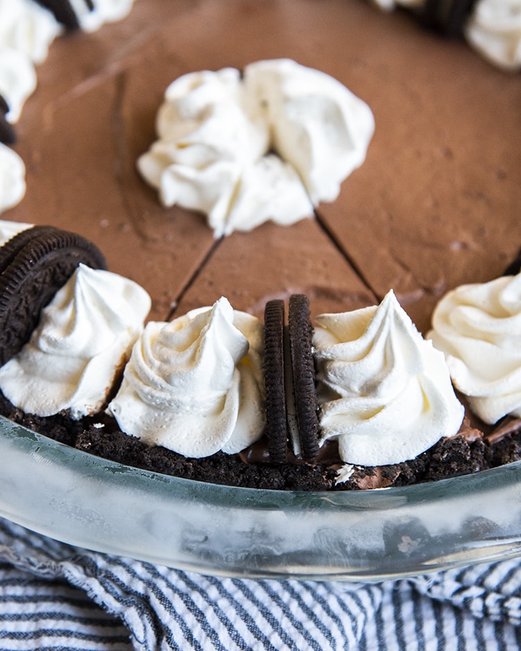 A chocolate pie slice in the pan.