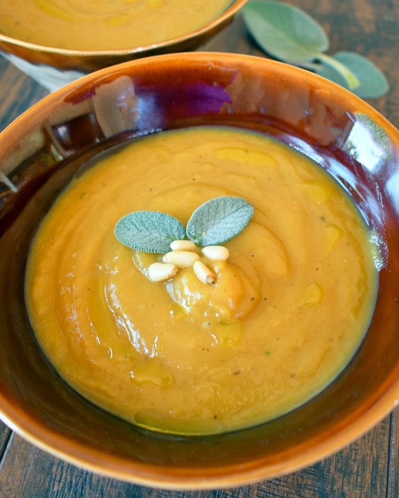 Angled view of delicata squash soup in an orange bowl.