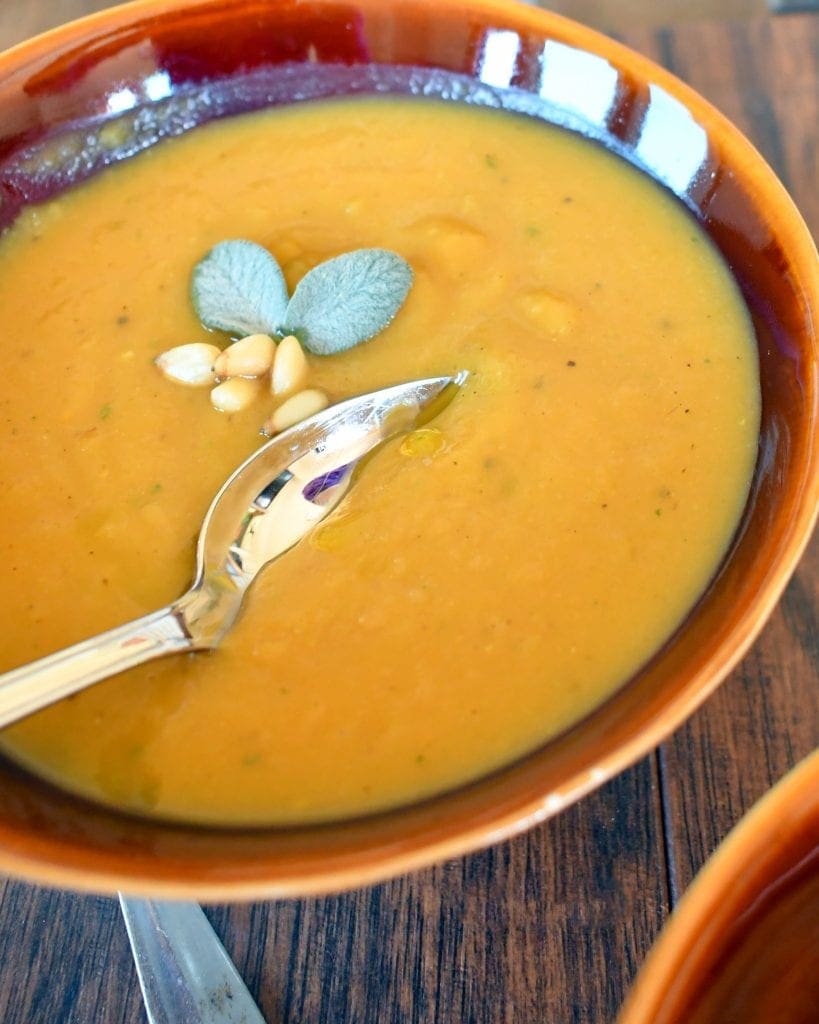 Close view of delicata squash soup in an orange bowl.