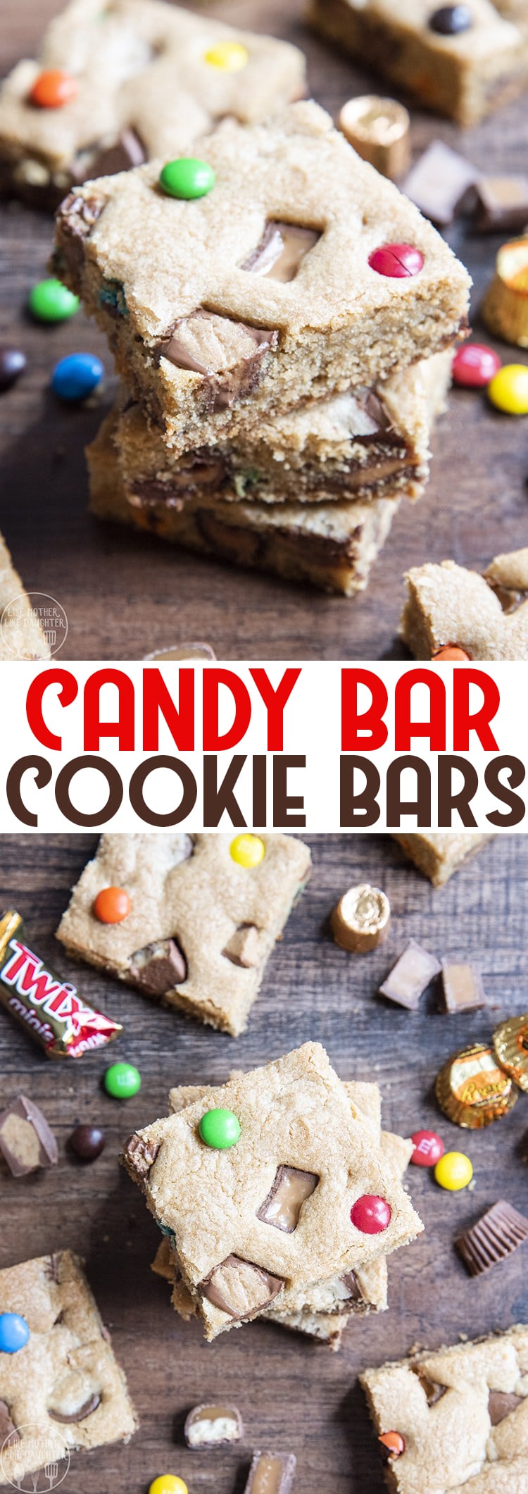 A collage of two photos of candy bar cookie bars with a text block in the middle.