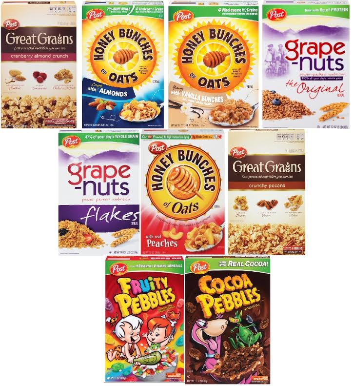 A variety of different cereal box covers.