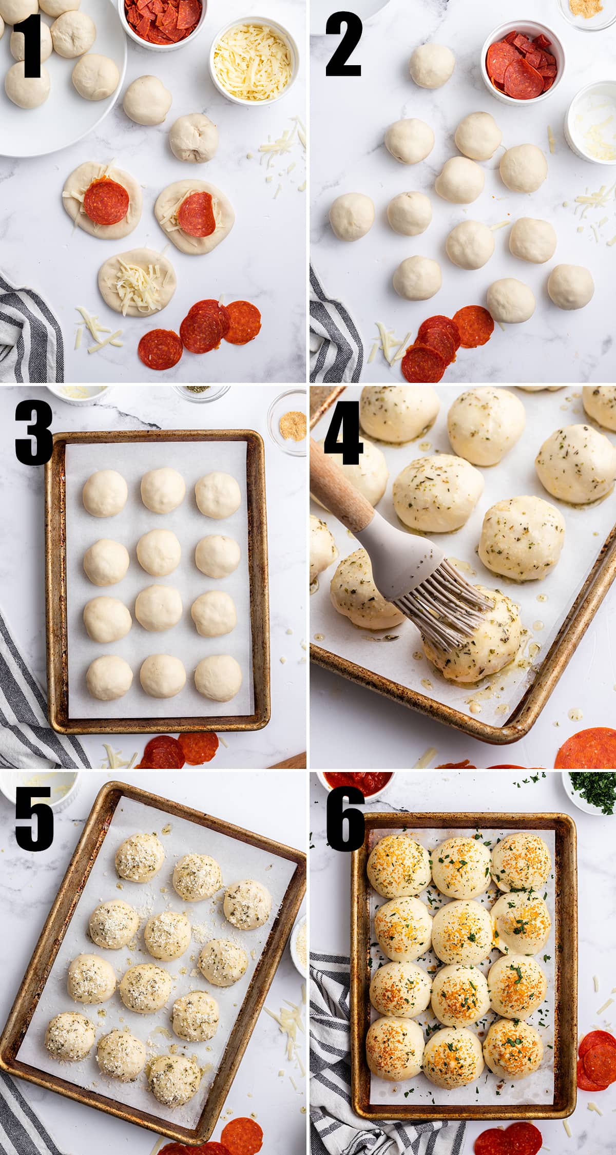 A collage of six step by step photos showing how to make stuffed pizza rolls.