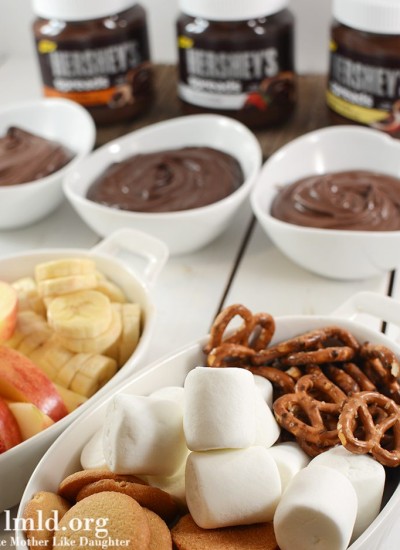 Angled view of ingredients and snacks for easy chocolate fondue.
