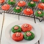 Front view of candy cane blossoms on a white plate.
