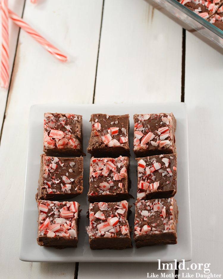 Top view of microwave fudge with peppermint on a white square plate.