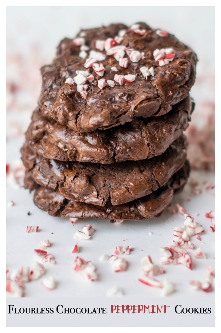 Angled view of flourless chocolate peppermint cookies on a plate.