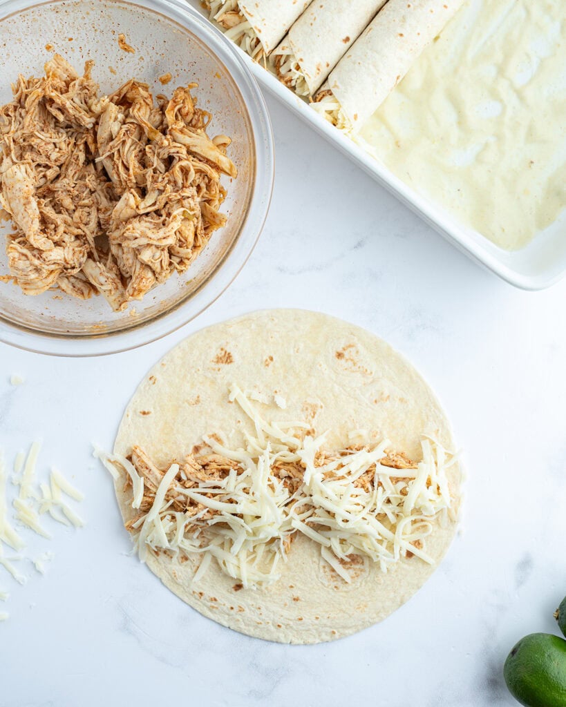 A tortilla topped with chicken and shredded white cheese.