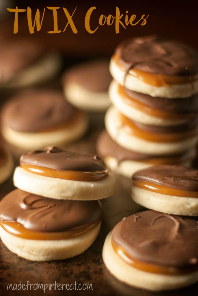 Front view of twix cookies stacked up on top of each other.