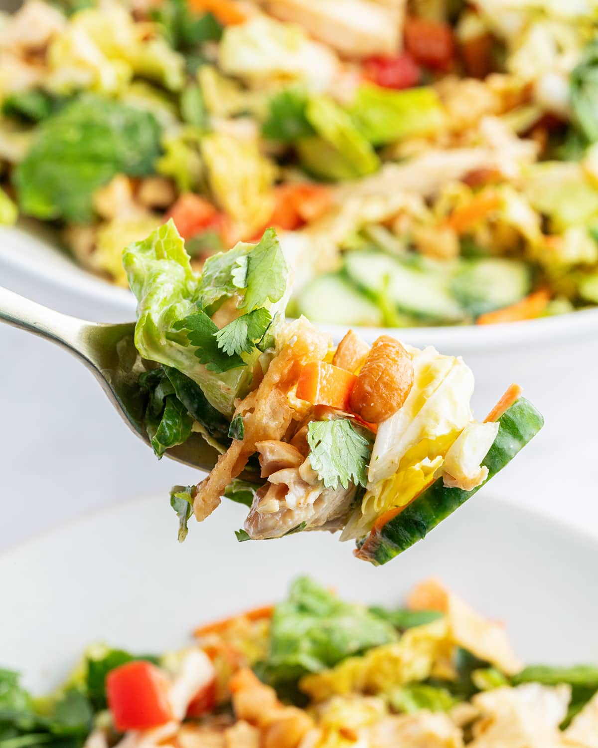 A bite of thai chicken salad on a fork. 