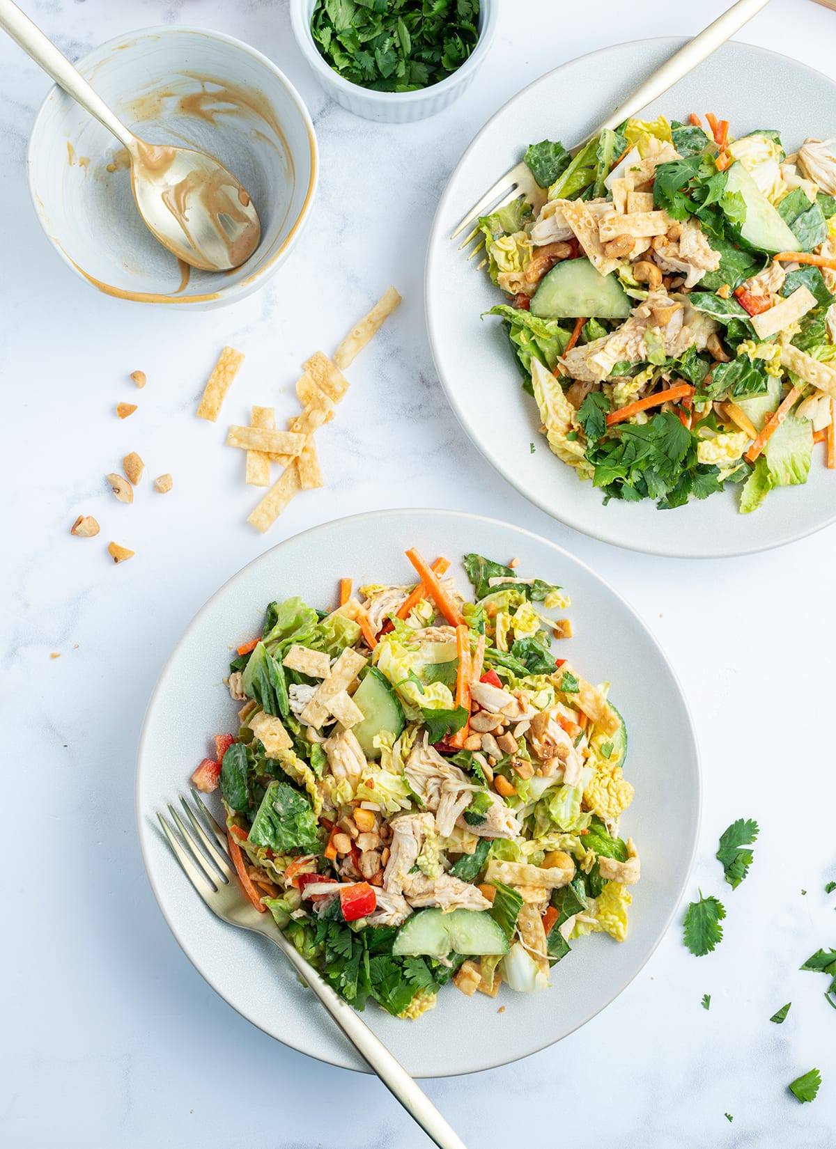 An overhead photo of two plates of thai chicken salad with peanut dressing, cucumbers, carrots, and wonton strips.