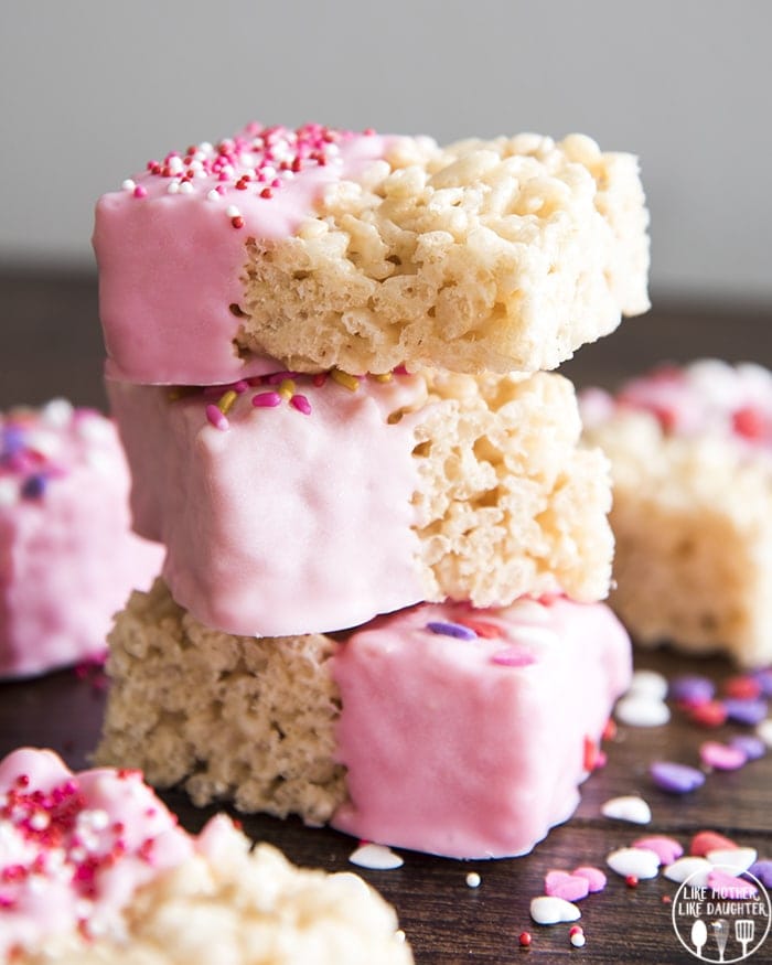 3 pink dipped with sprinkles Rice Krispy Treats