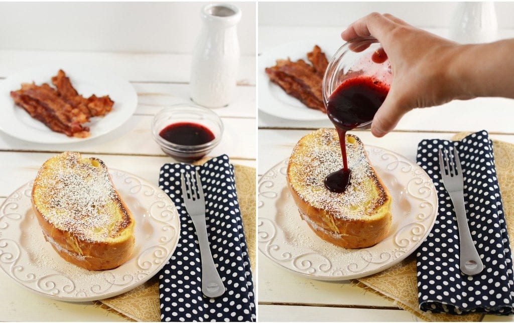 Front view of berry cream cheese stuffed french toast on a white plate.